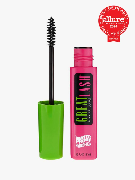Maybelline New York Great Lash Mascara pink and green tube of mascara on light gray background with red Allure Best of Beauty seal in the top right corner