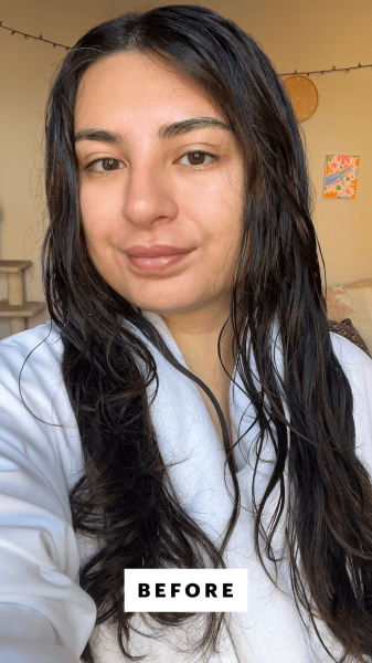 Hussein before applying the Briogeo Style Treat Yuzu Plum Oil Soft Power Air Dry Cream