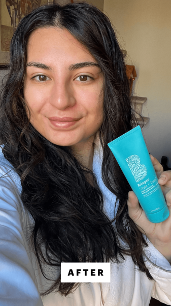 Hussein after applying the Briogeo Style Treat Yuzu Plum Oil Soft Power Air Dry Cream