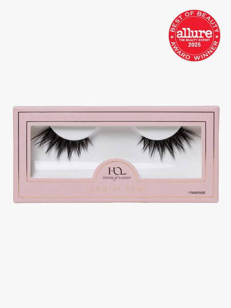 House of Lashes Iconic line pink box of false eyelashes on light gray background with red Allure Best of Beauty seal in the top right corner