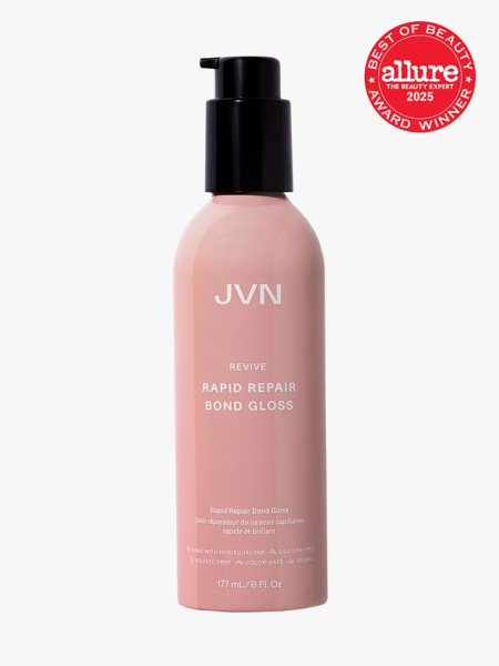 JVN Revive Rapid Repair Bond Gloss in branded soft pink bottle with black pump on light gray background with red Allure Best of Beauty seal in the top right corner