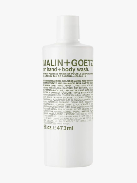 Malin + Goetz Essential Hand + Body Wash white bottle with green text on light gray background