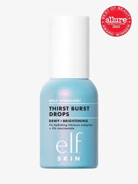 e.l.f. SKIN Holy Hydration! Thirst Burst Drops in branded blue bottle with white cap on light gray background with red Allure Best of Beauty seal in the top right corner