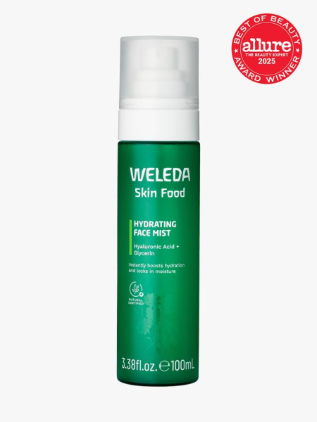 Weleda Skin Food Hydrating Face Mist in branded green bottle with white mist pump on light gray background with red Allure Best of Beauty seal in the top right corner