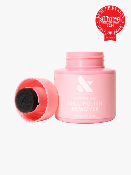 Olive & June Polish Remover Pot pink jar of nail polish remover on light gray background with red Allure Best of Beauty Hall of Fame seal in the top right corner