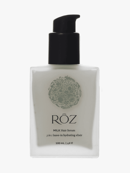 Roz Milk Hair Serum in branded component on a light gray background